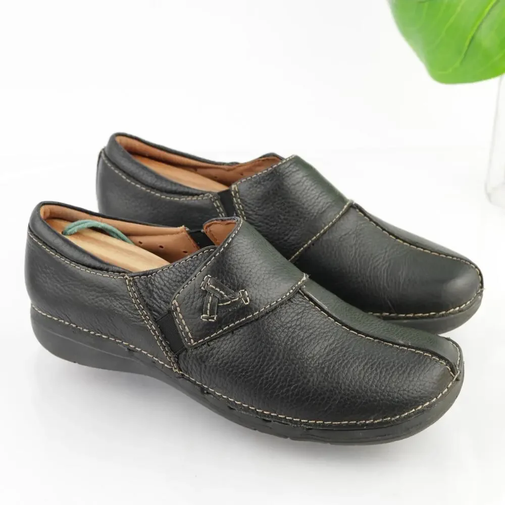 Clarks Womens Un Loop Stride Loafer Size 8 Black Leather Slip On Flat Comfy Shoe